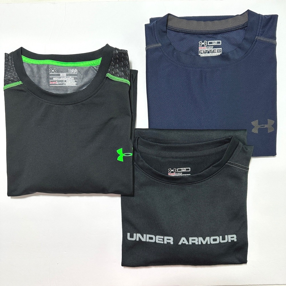 Lot 3 Under Armour Mens Shirts L HeatGear Fitted Black Blue Active Workout Sport